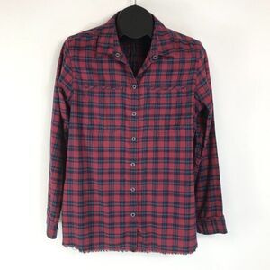 Eddie Bauer Plaid Snap Up Shirt Women's Large Cotton Blend Raw Hem Pockets